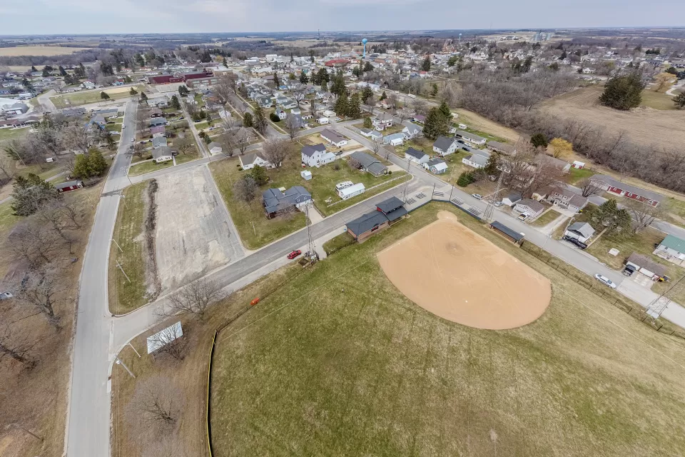 Aerial view of baseball diamond and homes in small town Spring Grove, Minnesota